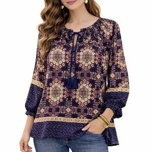 Anthropologie Tylho Kay Boho Peasant Blouse Top Women L‎ Navy Cottagecore NWT